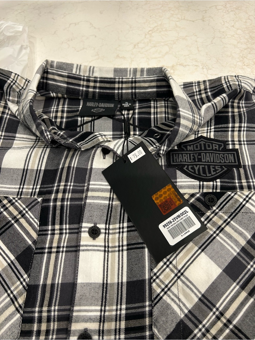 Harley-Davidson Men's Black & White Plaid Button-Down Shirt with Chest Patch